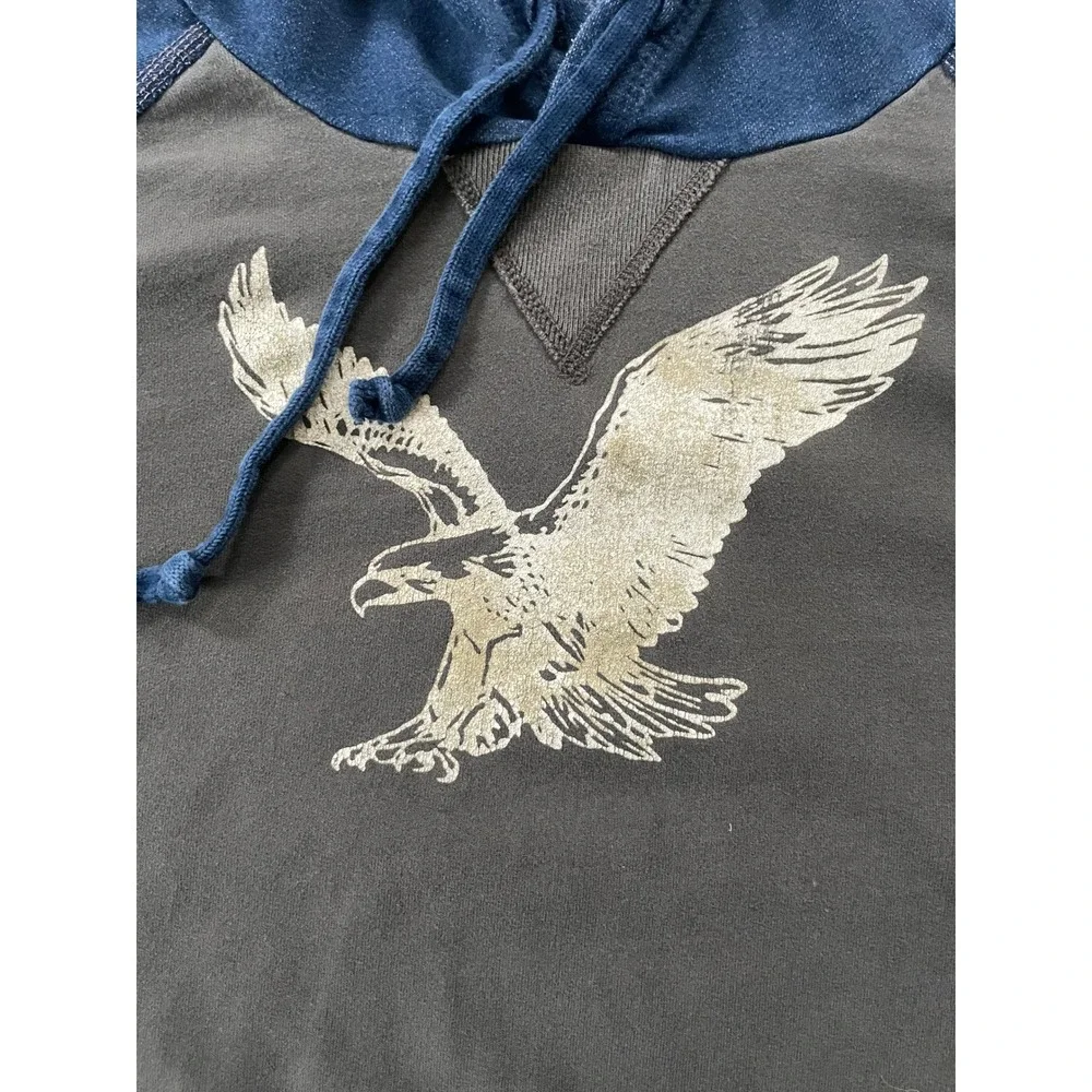 American Eagle Mens XL Hoodie Gray Blue Distressed Eagle Graphic Raglan Pullover